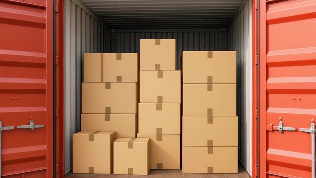 Packed and Ready: Inside a shipping container, neat stacks of cardboard boxes await their journey. The image captures the essence of logistics, storage, and the movement of goods.