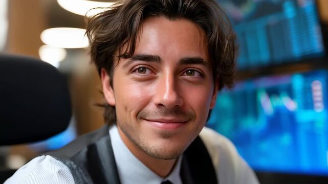 Confident Trader's Gaze: A close-up portrait of a trader exuding confidence, captured amidst the fast-paced energy of the trading floor, with screens in the background.
