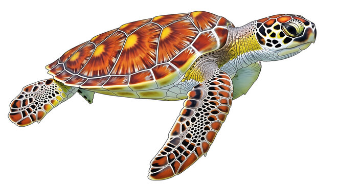 Colorful sea turtle with orange and yellow shell isolated on a transparent background 1