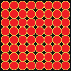 Red Circles Geometric Grid Pattern, Yellow Outline, Black Background and Seamless Design
