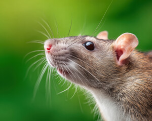 Obraz premium Cute rat portrait green background closeup happy pet rodent animal whisker detail profile