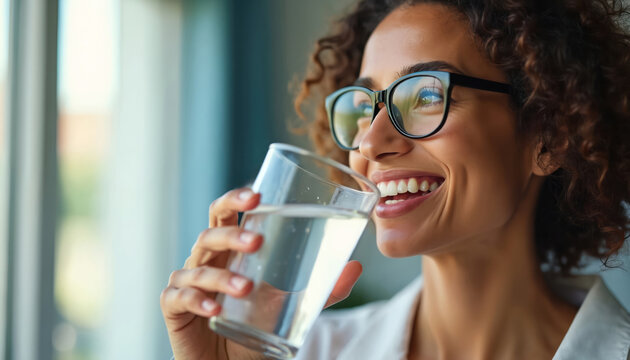 Woman drinks water from glass. She wears glasses and smiles. Hydration is important for health and well-being. Stay refreshed and energized with fluids. Good for skin and body.