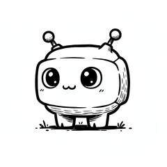 Fototapeta premium Cute robot with big eyes and antennas standing on grass