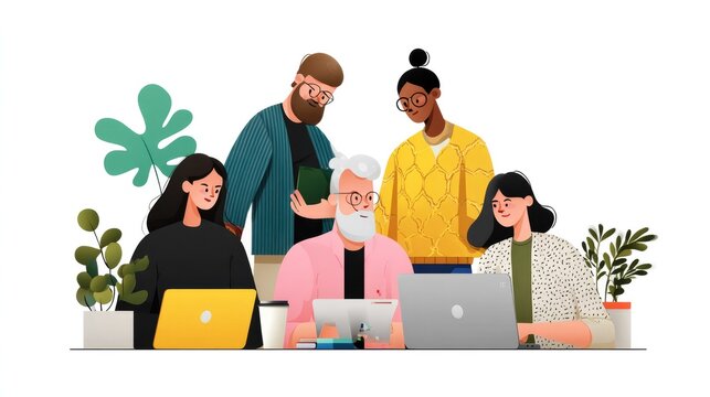 Collaboration in the Workplace: A vibrant illustration depicts a collaborative work environment where colleagues of diverse backgrounds work together, fostering innovation and teamwork.