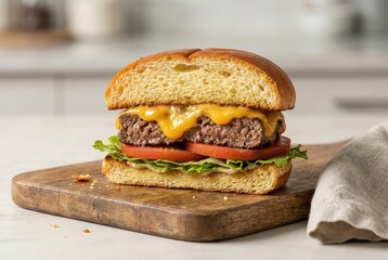 A juicy cheeseburger cut in half showing the beef patty, melted cheese, lettuce, and tomato.