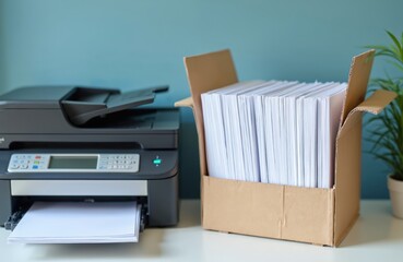 Fototapeta premium Printer and box full of paper on a desk. Ready for scanning, copying, or printing documents. Office paperwork organization, digital data conversion.