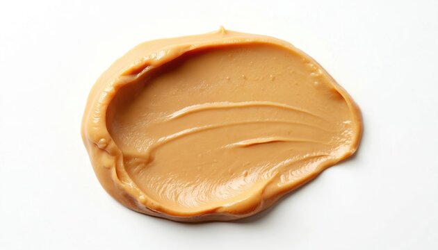 Creamy smooth peanut butter swirl isolated on white background. Delicious spread texture for toast or baking. Nut paste swirl, sweet treat macro shot.