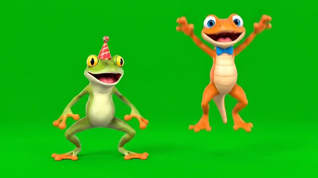 Two cartoon frogs dancing on green.
