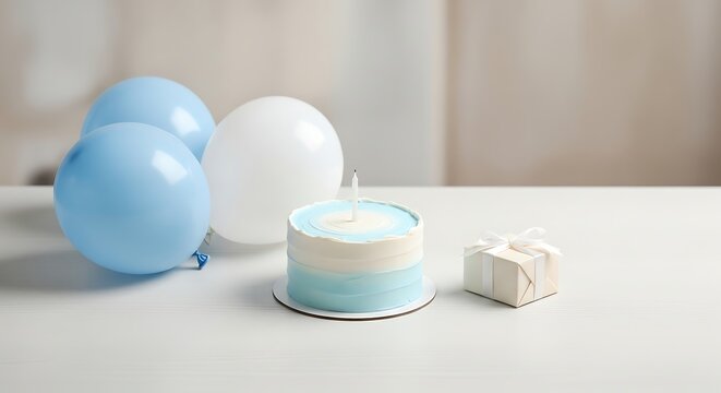 A birthday celebration with blue balloons, cake, and gift on table