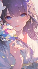 Soft Anime Portrait of Girl Holding Hydrangea Bouquet in Sunlight