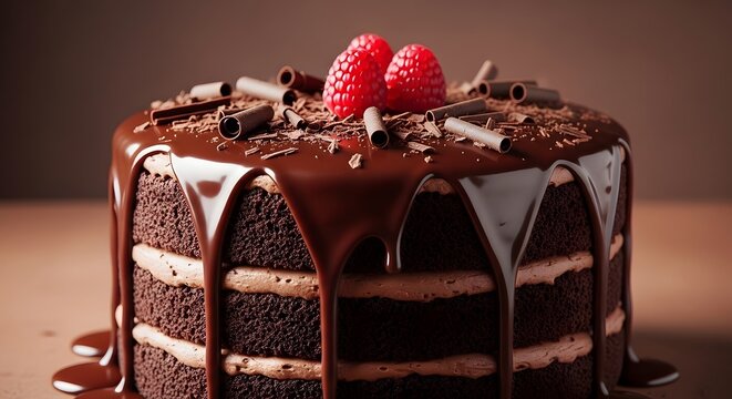 A decadent chocolate cake with rich chocolate frosting and fresh raspberries on top, sitting on a wooden table