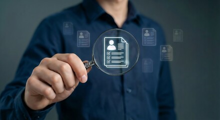 Human resources professional screening digital candidate profiles with a magnifying glass to identify top talent, managing recruitment databases for strategic workforce planning