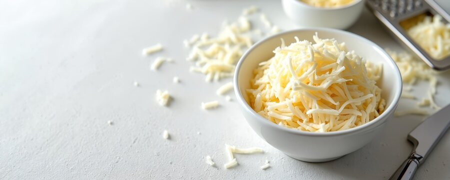 White bowls hold shredded cheese on a clean surface next to a knife and grater. Preparing ingredients for cooking or serving. Ready for meal.