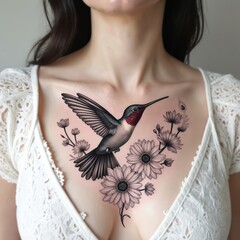 Fototapeta premium Female chest with realistic hummingbird and floral tattoo design. Bird with wings spread hovers above flowers on skin. Delicate linework art.