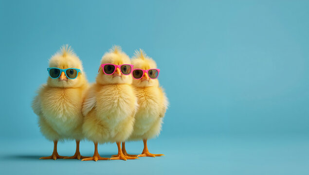 青い背景にひよこ3羽 サングラスで遊び心のある春の販促向け.生成AI