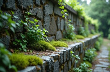 Moss and vines grow on a rustic gray stone garden wall. Rich green plants sprout along the textured surface. A stone path winds through the verdant green plants creating a tranquil natural scene.