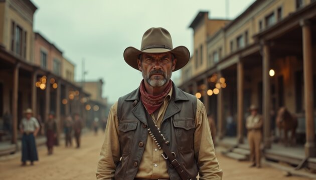 Man cowboy stands ready for duel in dusty old west town street. He wears hat, vest, bandana, gun belt. Other people are visible in background.