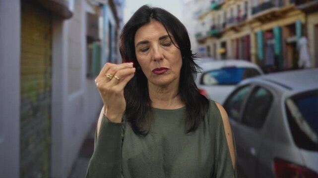 Middle aged hispanic woman holds raised hand with pinched fingers gesture on quiet city street; confusion.