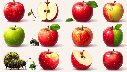 A vibrant arrangement showcasing various apples with a caterpillar and other insects, a split apple, leaves, and stems