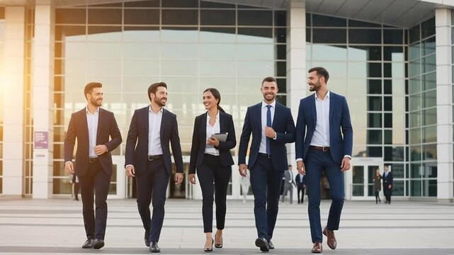 Business Professionals Walking Outside Modern Office Building.