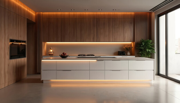Modern wood and white kitchen island with ambient LED lighting. Sleek cabinetry, built-in oven, and cooktop. Contemporary home interior design.