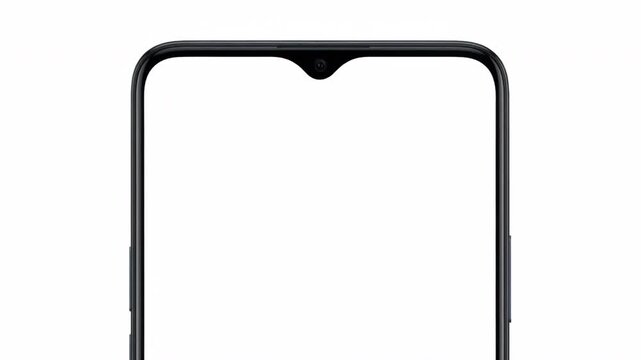 Close up of a black smartphone with a blank white screen and a waterdrop notch isolated on white.