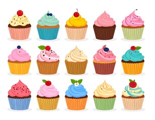 A vibrant array of fifteen cupcakes, each with unique frosting colors and toppings, displayed in colorful paper cups