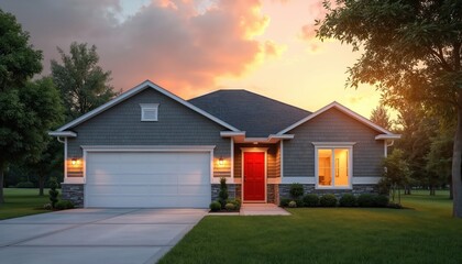 Obraz premium Modern suburban house with red door and white garage at sunset. Warm light shines from windows, landscaping is neat, trees surround property. Ideal for real estate listings or home decor concepts.