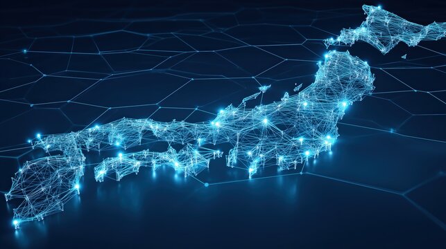 Digital Map of Japan with Glowing Network Connections