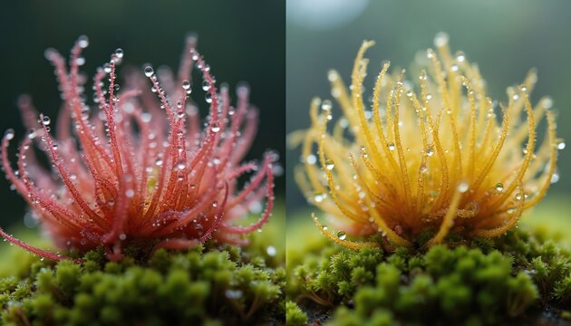 Pink and yellow carnivorous plants covered in dew drops sit on green moss. This macro shot shows delicate details of flora and water droplets creating unique textures.