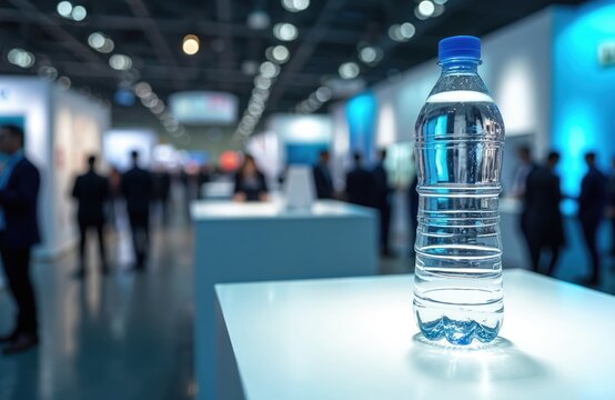 Water bottle on display at business trade show booth, blurred background crowd, networking event promotes company product, marketing presentation.
