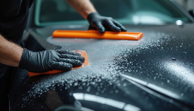 Person in black gloves installs protective vinyl film on dark car hood. Uses squeegee and soap solution for smooth application. Pro auto detailing work shows care for vehicle surface protection.