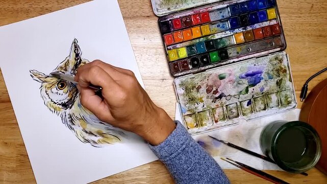 Watercolor otus owl end timelapse painting and palette