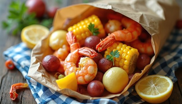 Seafood boil with shrimp corn and potatoes served in paper bag. Fresh meal with lemon and herbs on wood table. Party food for summer outdoor gathering.