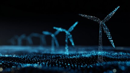 illustration of wind turbines glowing in blue on a dark background