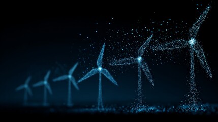 illustration of wind turbines glowing in blue on a dark background
