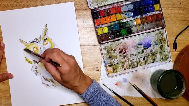 Watercolor otus owl beginning timelapse painting and palette