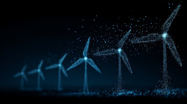 illustration of wind turbines glowing in blue on a dark background