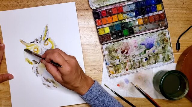 Watercolor otus owl full timelapse painting and palette