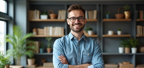 Fototapeta premium Smiling man with glasses wearing denim shirt stands arms crossed in a modern office with bookshelves. He looks friendly and professional, ready for business. Positive vibes.
