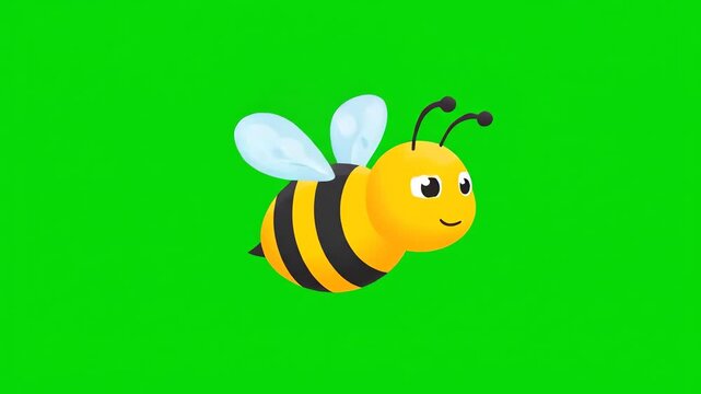 A cheerful, bright 3d illustration of a cute cartoon bee with yellow and black stripes flying horizontally, isolated on a vibrant chroma key green screen background.