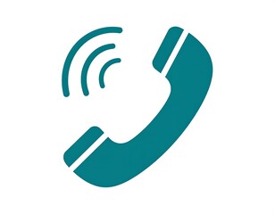 A teal-colored landline phone receiver with curved design. Sound waves emanate from it, signaling an active call. It's a simple, modern graphic