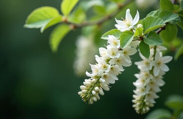 White locust tree flowers bloom on a branch with green leaves. Small buds cluster below blossoms. Soft focus background of dark green foliage. Natural springtime flora detail.