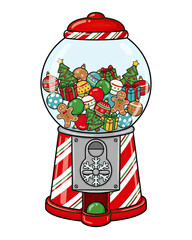Obraz premium authentic human lifestyle concept Festive Christmas Gumball Machine Cartoon Illustration Filled with Holiday Ornaments, Gifts, and Gingerbread Men modern commercial stock usage