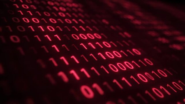 Rows of red binary code glowing with a depth of field effect against a dark background.