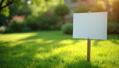 Blank white yard sign on wooden post in green grassy lawn. Soft blurred background with sunflare. Ready for custom text, ads, or real estate.