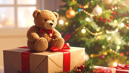 A teddy bear, adorned with a bow tie, sits atop a wrapped gift. A decorated Christmas tree glows softly in the background