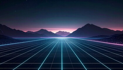 Vibrant neon grid landscape with majestic mountains at dusk