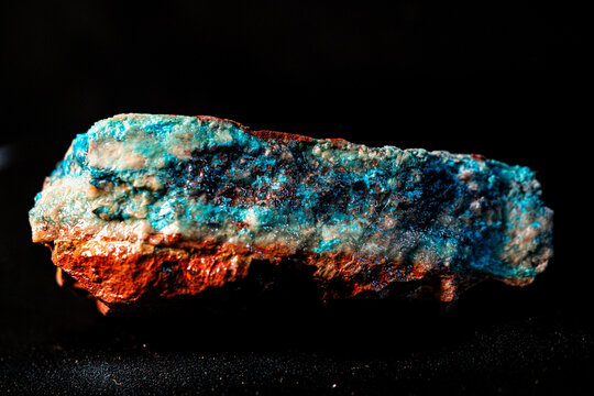 Arizona Copper Mineral Specimen featuring chrysocolla, malachite, shattuckite, azurite, cuprite, tenorite and miner tool props.