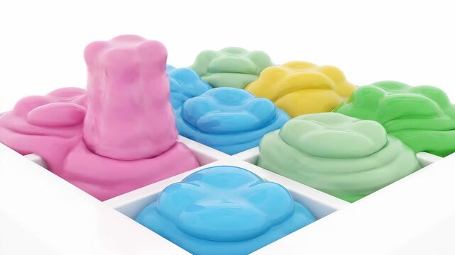 Colorful melting jelly soft body cubes falling and melting into white grid. Abstract visual for themes of flexibility, fitting in, diversity, candy, soft textures, and oddly satisfying cont